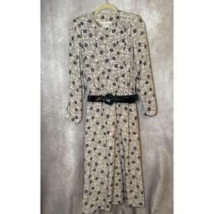Vintage 80/90s Kenny Classics Pleated Floral LongSleeve‎ Dress W Belt Size 12